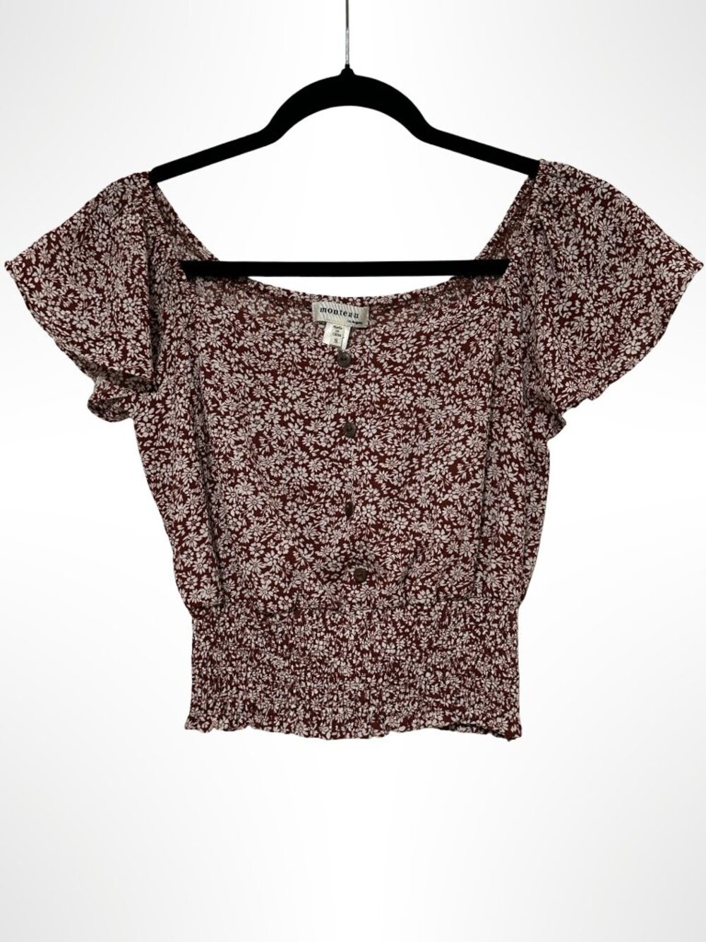 MONTEAU LOS ANGELES Smocked Waist Floral Crop Top Brown Cream Size S NWT